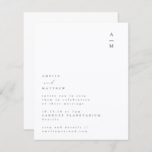 Papier Faire-part de mariage de texte Monogramme minimal  (Devant / Derrière)