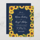 Papier faire-part de mariage de tournesol bleu marine (Devant / Derrière)