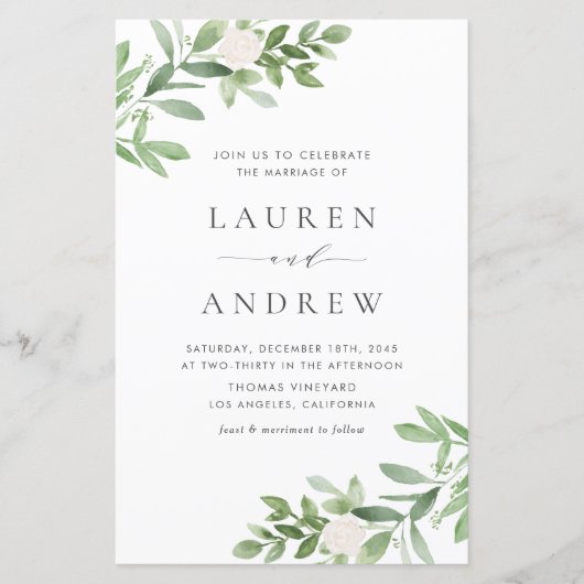 Papier Faire-part de mariage de verdure et de fleurs blan (Devant)