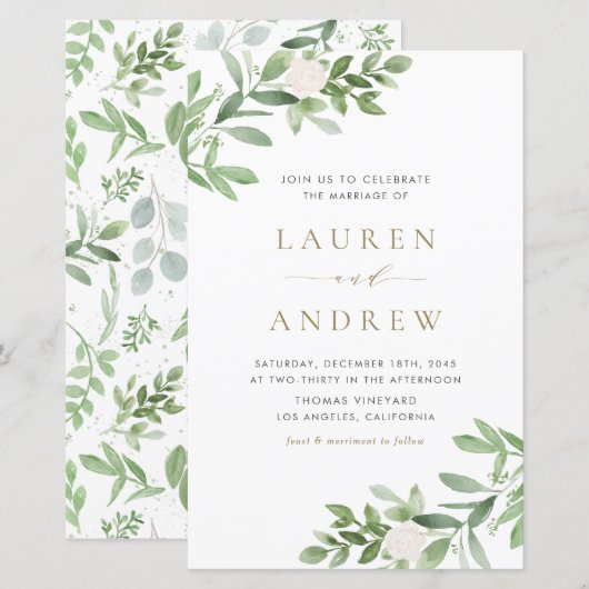 Papier Faire-part de mariage de verdure et de fleurs blan (Devant / Derrière)