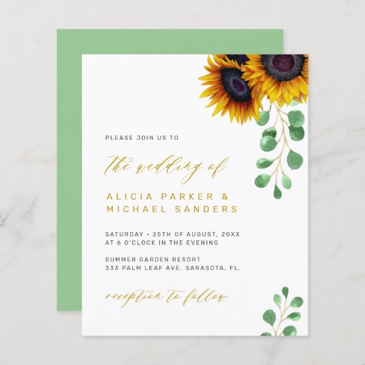 Papier Faire-part de mariage d'eucalyptus aux tournesols (Devant / Derrière)