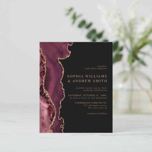 Papier Faire-part de mariage d'or noir et bordeaux (Debout devant)