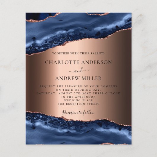 Papier Faire-part de mariage d'or rose d'agneau bleu mari (Devant)