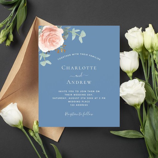 Papier faire-part de mariage doré bleu poussiéreux rose