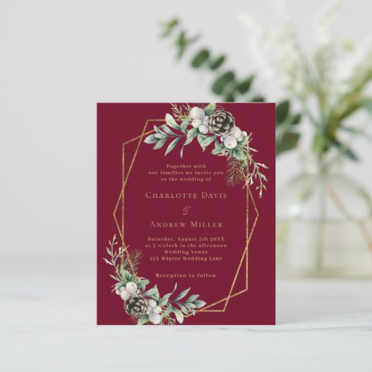 Papier Faire-part de mariage doré bordeaux cône (Debout devant)