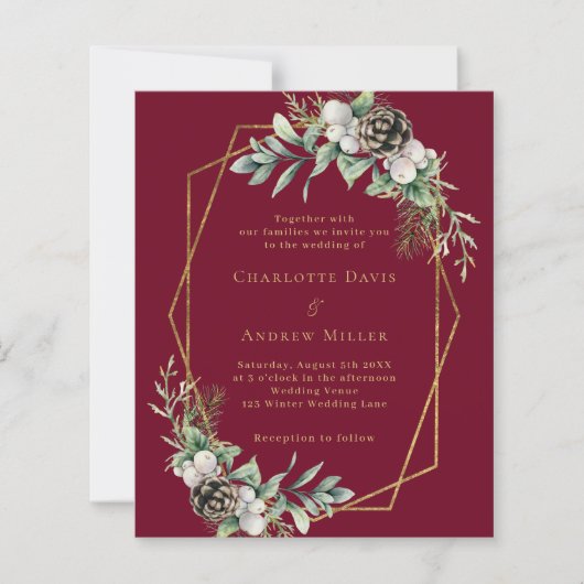 Papier Faire-part de mariage doré bordeaux cône (Devant)