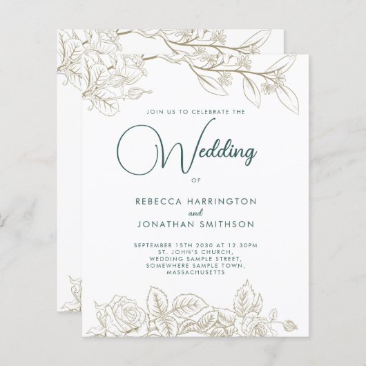 Papier Faire-part de mariage du budget Emerald Green Gold (Devant / Derrière)