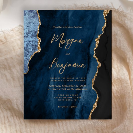 Papier Faire-part de mariage écriture agate or bleu marin