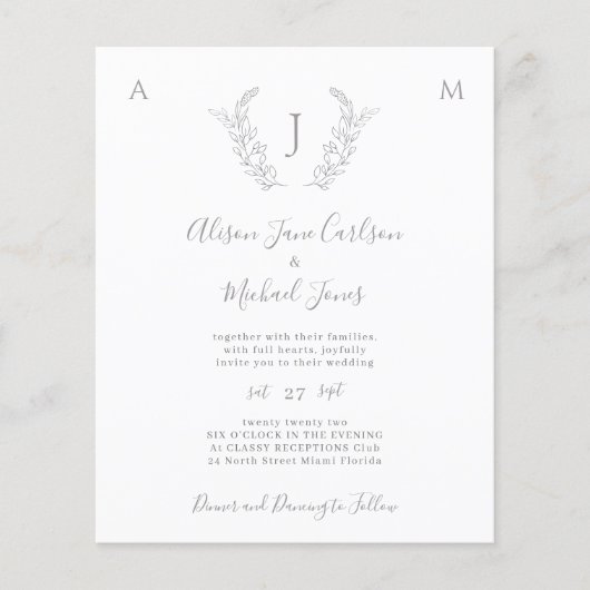 Papier Faire-part de mariage élégant à monogramme sur bud (Devant)