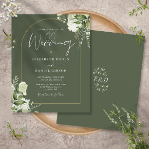 Papier Faire-part de mariage élégant vert olive floral or
