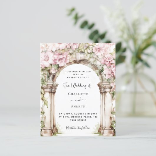 Papier Faire-part de mariage en arc de fleurs roses (Debout devant)