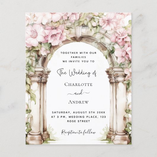 Papier Faire-part de mariage en arc de fleurs roses (Devant)