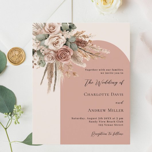 Papier Faire-part de mariage en arc de pampas rose beige 