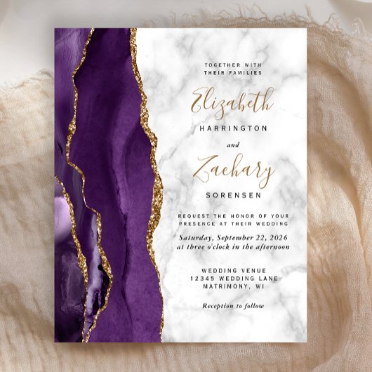 Papier Faire-part de mariage en marbre d'agate violet or