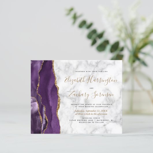 Papier Faire-part de mariage en marbre d'âge or violet bu (Debout devant)