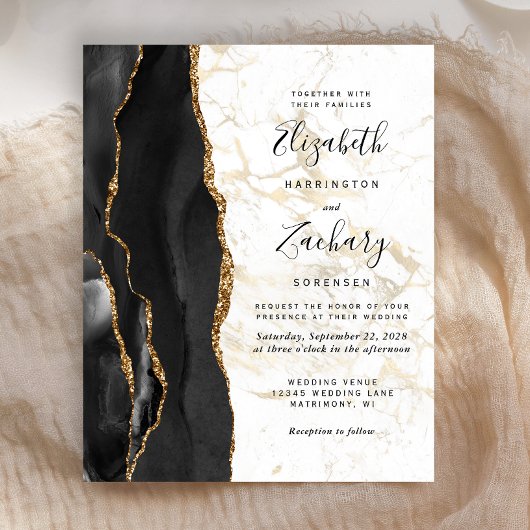 Papier Faire-part de mariage en marbre d'or d'agate noire