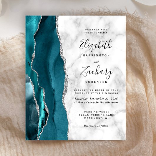 Papier Faire-part de mariage en marbre sarcelle argenté a