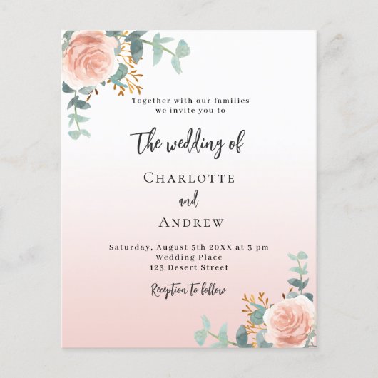 Papier faire-part de mariage fleuri rose à petit budget (Devant)