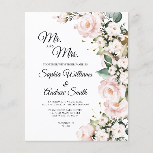 Papier Faire-part de mariage Fleurs Roses de bleus budgét (Devant)