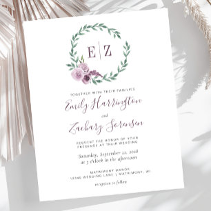 Papier Faire-part de mariage floral à monogramme violet B