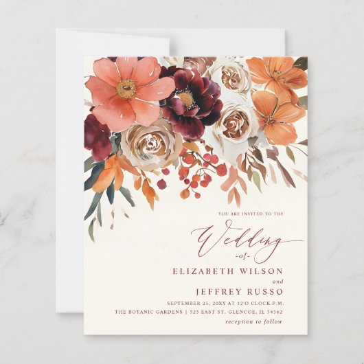 Papier Faire-part de mariage floral automnal orange budge (Devant)