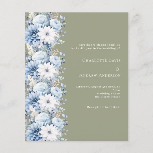 Papier Faire-part de mariage floral bleu foncé vert Sage (Devant)