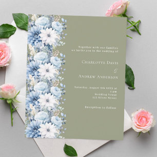 Papier Faire-part de mariage floral bleu foncé vert Sage