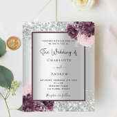 Papier Faire-part de mariage floral bordeaux argenté