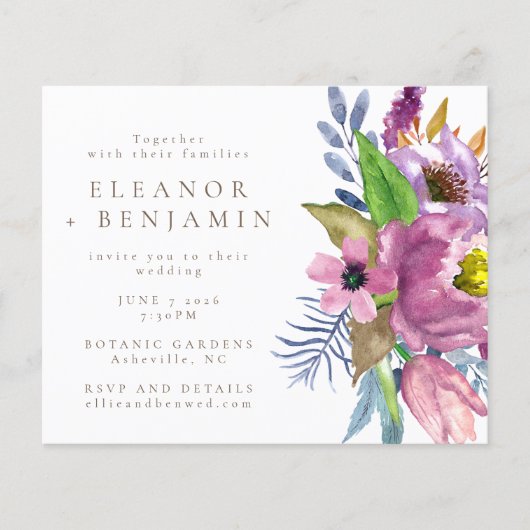 Papier Faire-part de mariage floral de jardin violet budg (Devant)