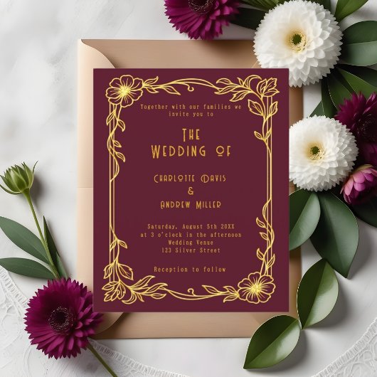 Papier Faire-part de mariage floral d'or bordeaux
