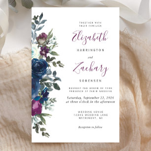 Papier Faire-part de mariage floral Navy Blue et prune bu