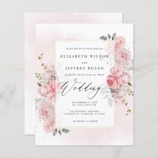 Papier Faire-part de mariage floral or Blush Budget Sprin (Devant / Derrière)