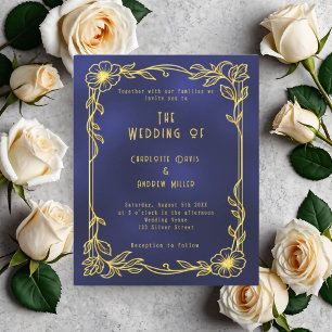 Papier Faire-part de mariage florale d'or bleu