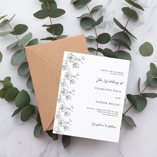 Papier Faire-part de mariage florale noire blanche