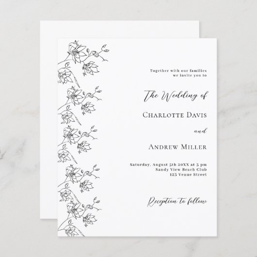 Papier Faire-part de mariage florale noire blanche (Devant / Derrière)