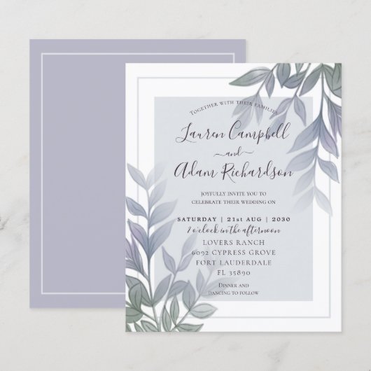 Papier Faire-part de mariage lilas violet feuillage budge (Devant / Derrière)