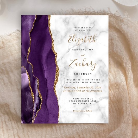 Papier Faire-part de mariage Marbre Agate Or Violet Budge