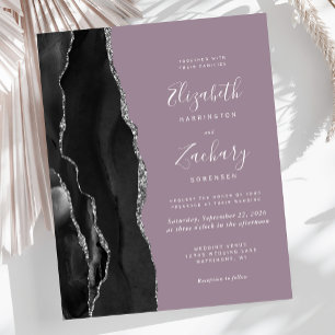 Papier Faire-part de mariage mauve agate argenté noir pas