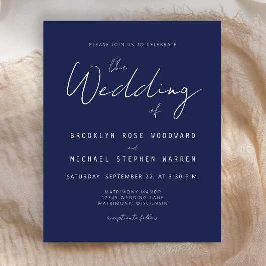 Papier Faire-part de mariage minimal bleu marine script