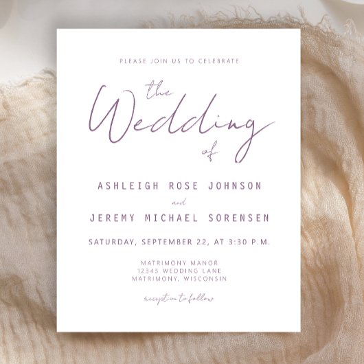 Papier Faire-Part de Mariage Minimal Mauve Script