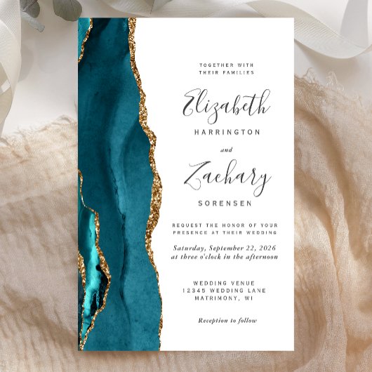 Papier Faire-part de mariage moderne agate sarcelle or bu
