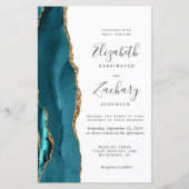 Papier Faire-part de mariage moderne agate sarcelle or bu (Devant)