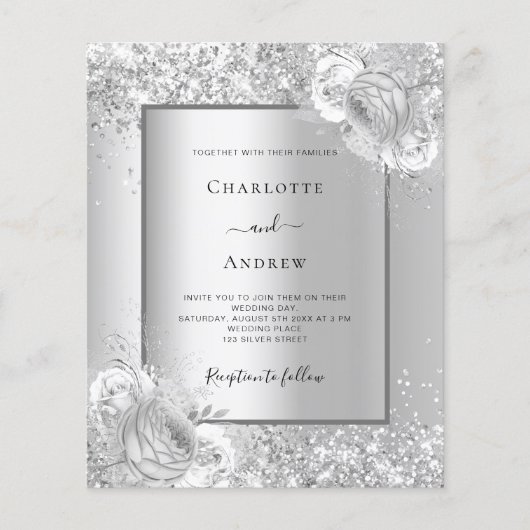 Papier Faire-part de mariage monochrome à fleurs d'argent (Devant)