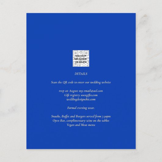 Papier Faire-part de mariage monochrome bleu royal budget (Dos)