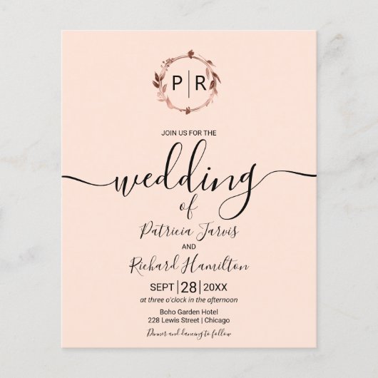 Papier Faire-part de mariage Monogram Peach Rose à petit (Devant)