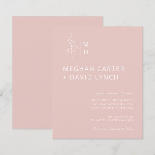 Papier Faire-part de mariage Monogramme Botanique Blush B (Devant / Derrière)