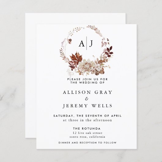 Papier Faire-part de mariage Monogramme d'automne (Devant / Derrière)