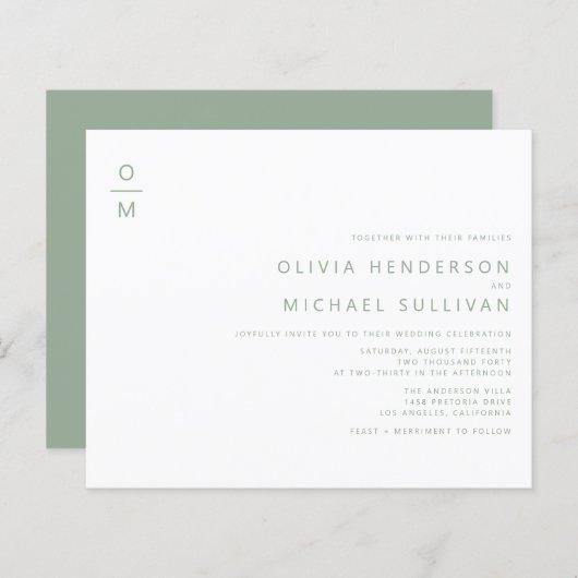 Papier Faire-part de mariage Monogramme minimaliste Vert  (Devant / Derrière)