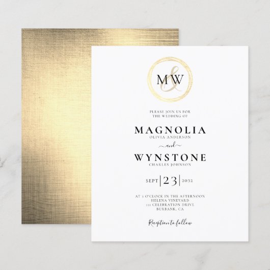 Papier Faire-part de mariage Monogramme Or Budget (Devant / Derrière)