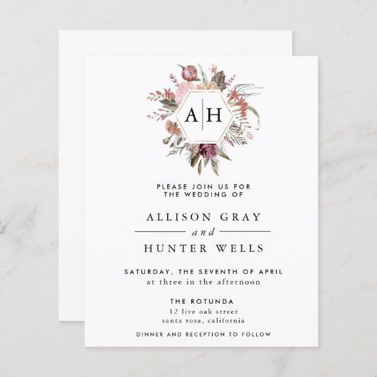 Papier Faire-part de mariage Monogramme Rose poussiéreux (Devant / Derrière)